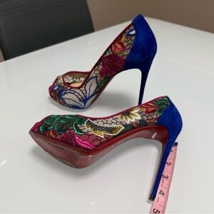 Christian Louboutin Blue Suede & Multicolor Embroidered Floral Heels